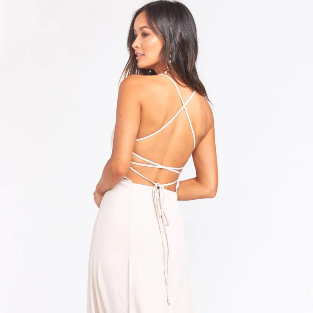 New with Tags, Show Me Your Mumu Godshaw Goddess Gown in Dove Grey Chiffon (M)